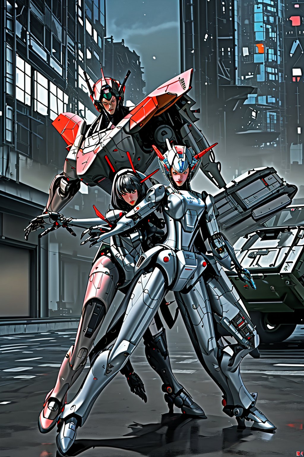 mach robot, 2 girl fighting in a city,BTR-80,Mecha,mecha