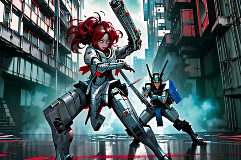 mach robot, 3 girl fighting in a city,BTR-80,Mecha,mecha,yofukashi background