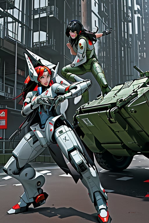 mach robot, 2 girl fighting in a city,BTR-80,Mecha,mecha