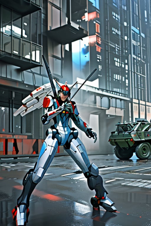 mach robot, 2 girl fighting in a city,BTR-80,Mecha,mecha