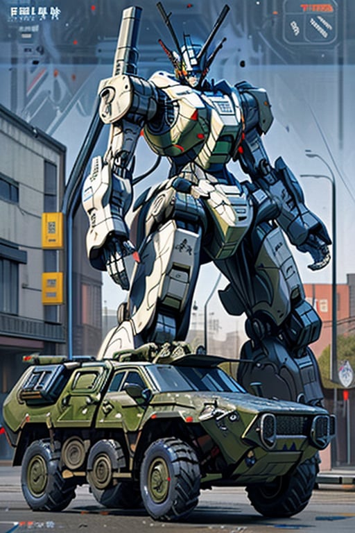 mach robot, 2 girl fighting in a city,BTR-80,Mecha