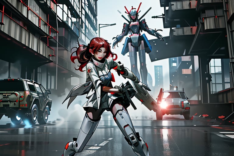 mach robot, 3 girl fighting in a city,BTR-80,Mecha,mecha,yofukashi background