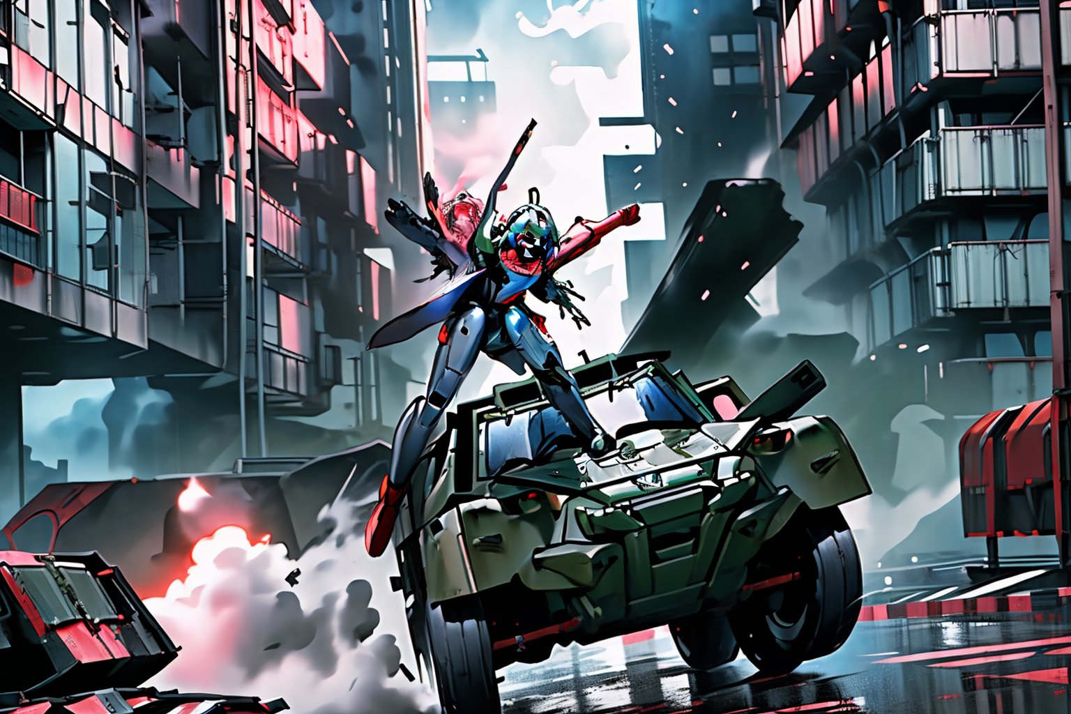 mach robot, 3 girl fighting in a city,BTR-80,Mecha,mecha,yofukashi background