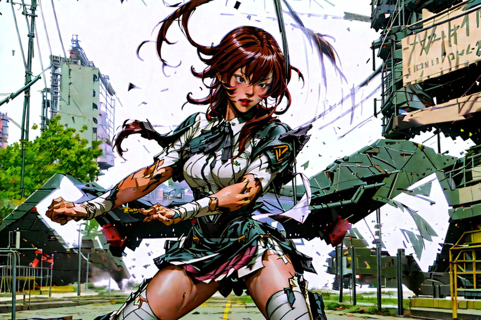 2 fighting mach robot, 3 sexy asia girl fighting in a city,BTR-80,Mecha,mecha,yofukashi background,oboro, ,mtu virus,RIBBON BANDAGE,F-22,T-90M,mature female,gun,1GIRL RIAS_GREMORY