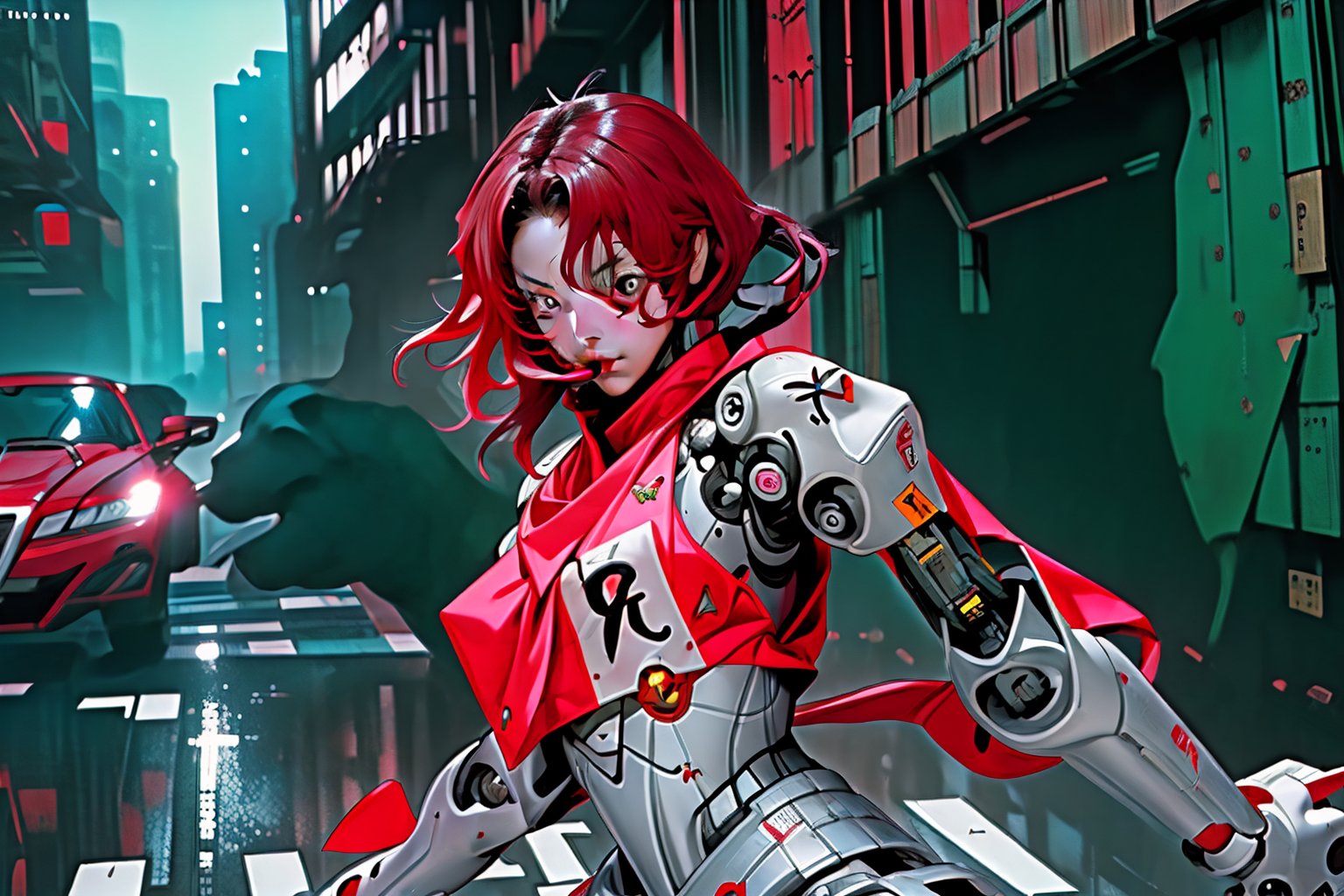 mach robot, 3 sexy girl fighting in a city,BTR-80,Mecha,mecha,yofukashi background