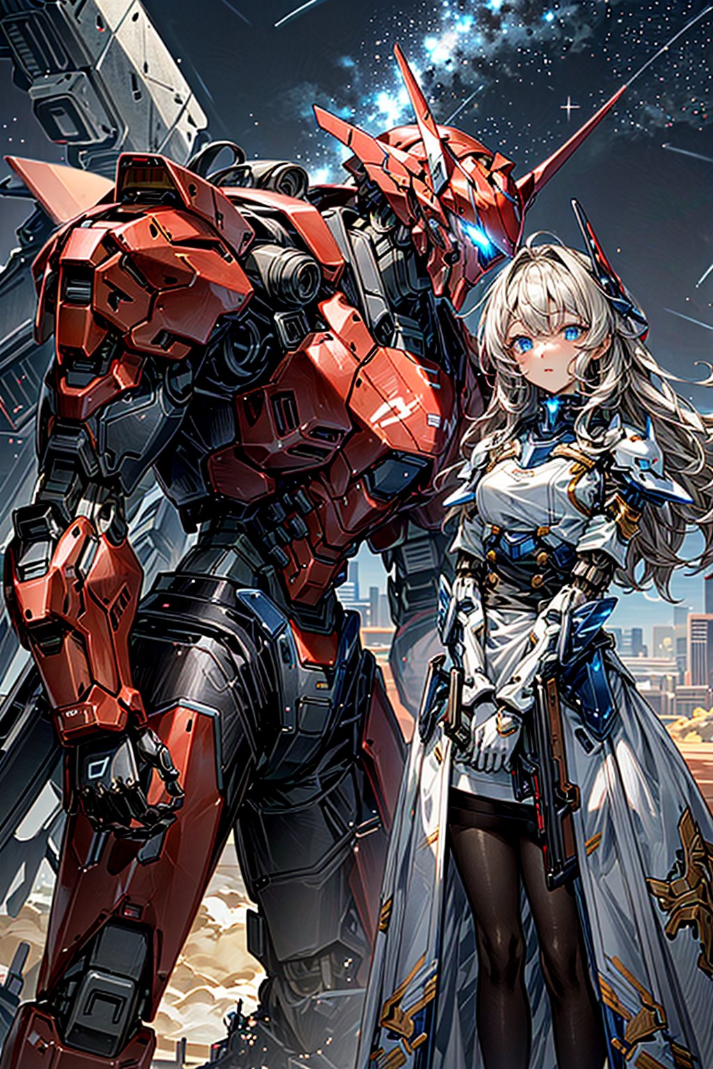 (masterpiece:1.4, best quality), (intricate details), unity 8k wallpaper, ultra detailed, intricate details, super complex details, ((2people)), (girl_standing_beside_robot:1.2), girl, (perfect detailed face, detailed eyes, white dress),
BREAK
robot, (giant mecha, red and black armor, blue eyes, holding rifle), starry sky, skyline, Mecha