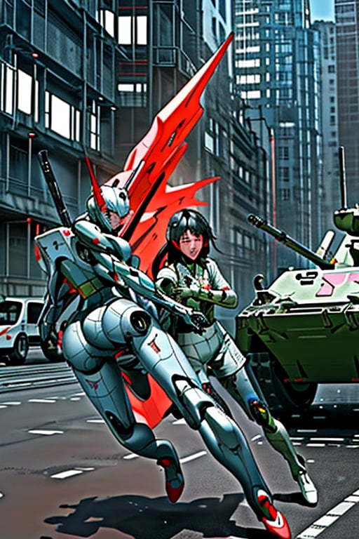 mach robot, 2 girl fighting in a city,BTR-80,Mecha,mecha