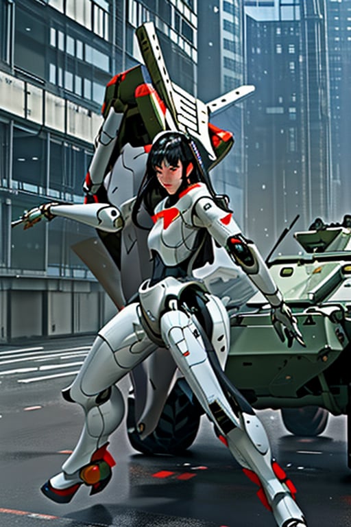 mach robot, 2 girl fighting in a city,BTR-80,Mecha,mecha