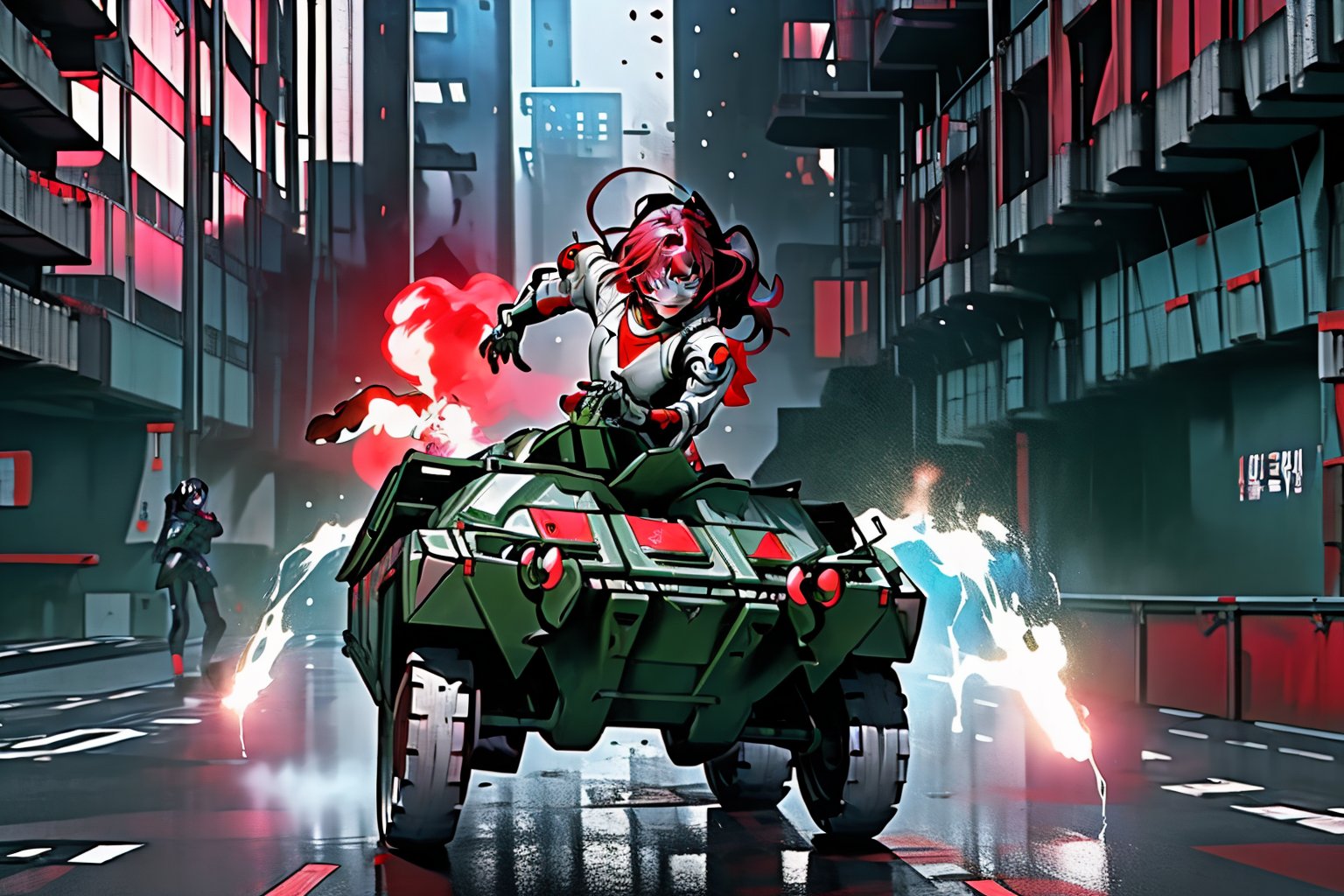 mach robot, 3 girl fighting in a city,BTR-80,Mecha,mecha,yofukashi background