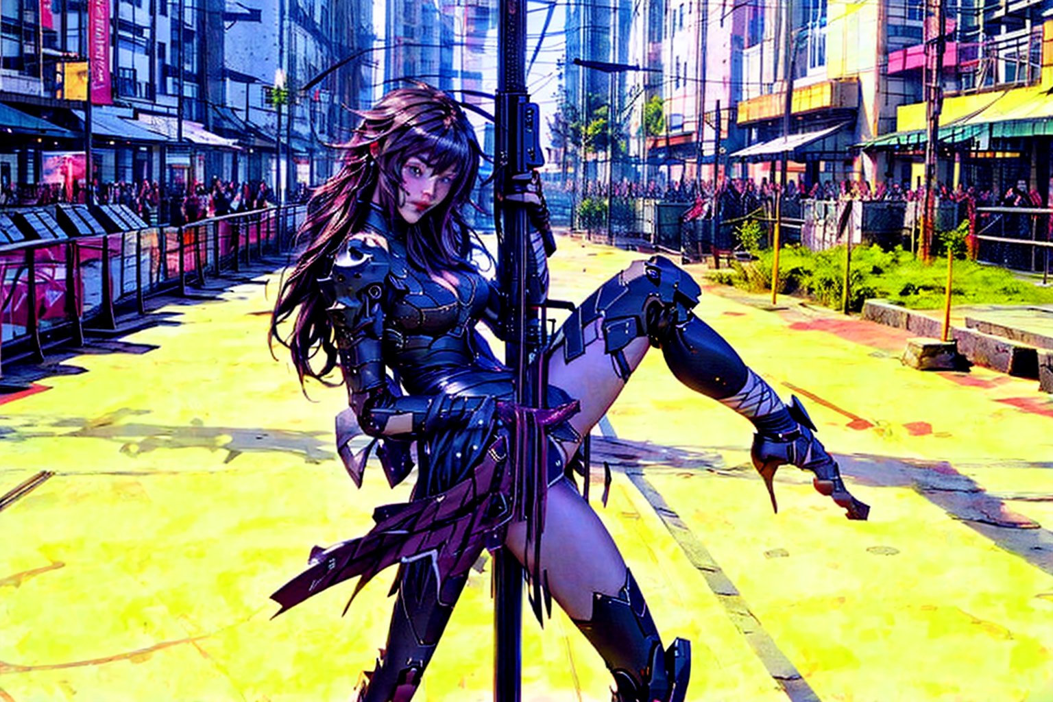 2 fighting mach robot, 3 sexy asia girl fighting in a city,BTR-80,Mecha,mecha,yofukashi background,oboro, ,mtu virus,RIBBON BANDAGE,F-22,T-90M,mature female,gun,1GIRL RIAS_GREMORY,pole_dancing,Aranea