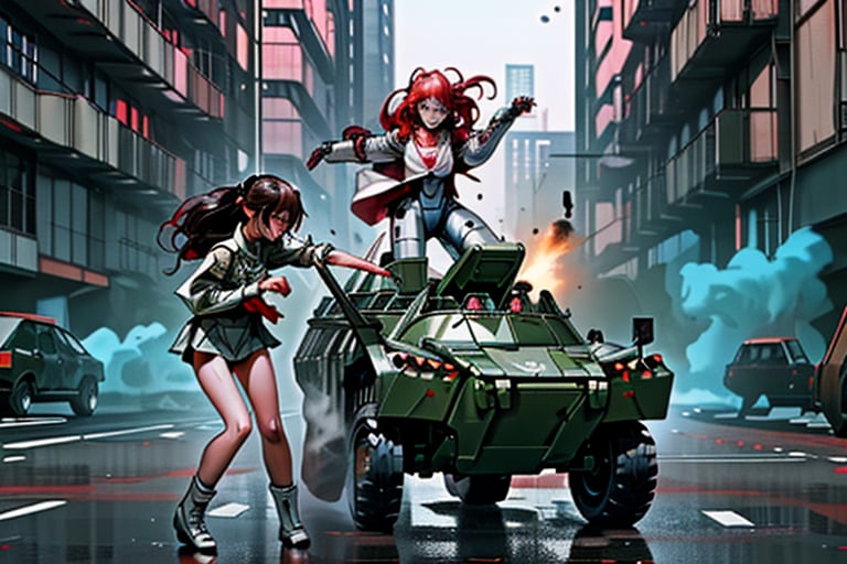 mach robot, 3 girl fighting in a city,BTR-80,Mecha,mecha,yofukashi background