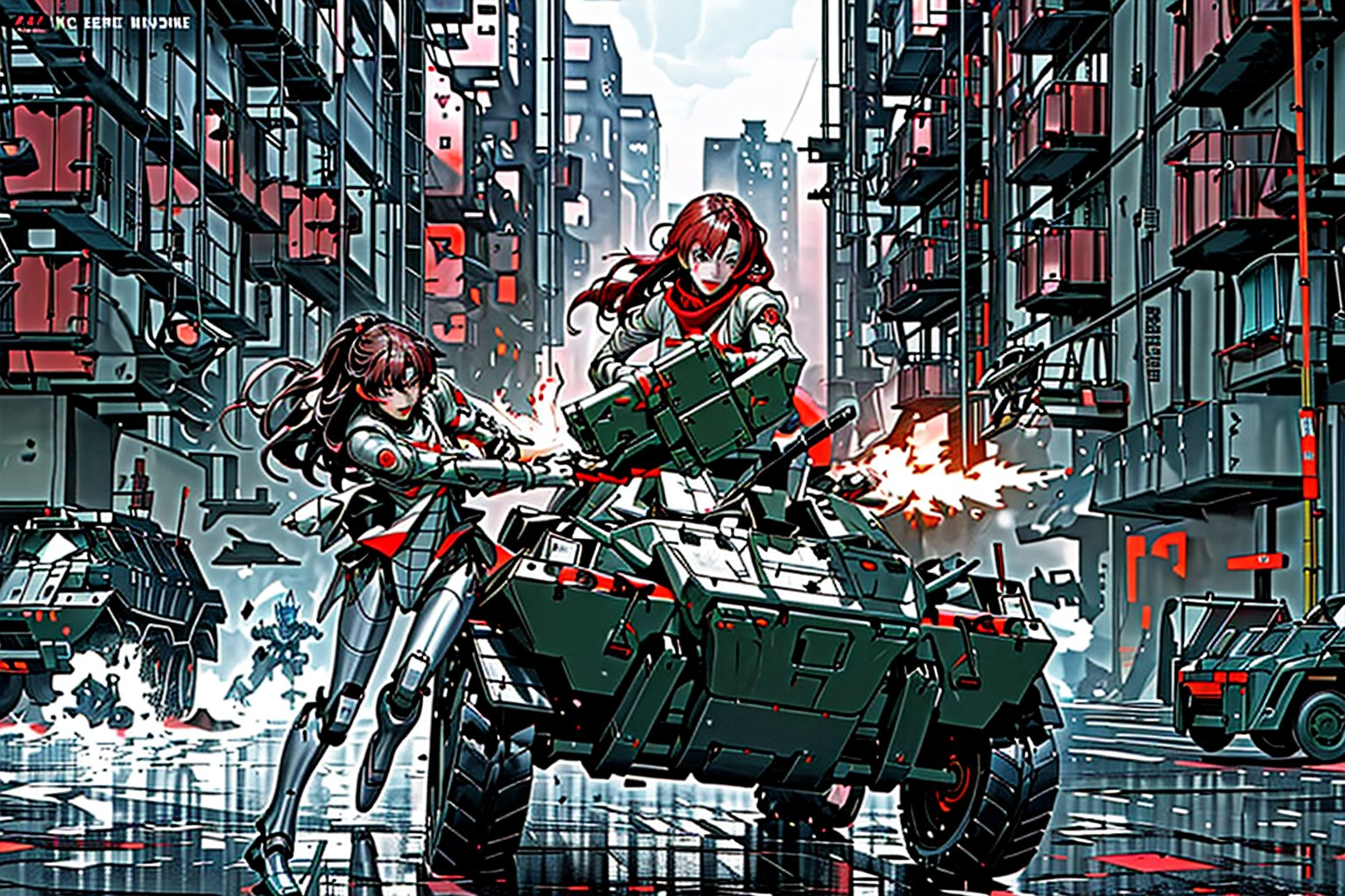 mach robot, 3 girl fighting in a city,BTR-80,Mecha,mecha,yofukashi background