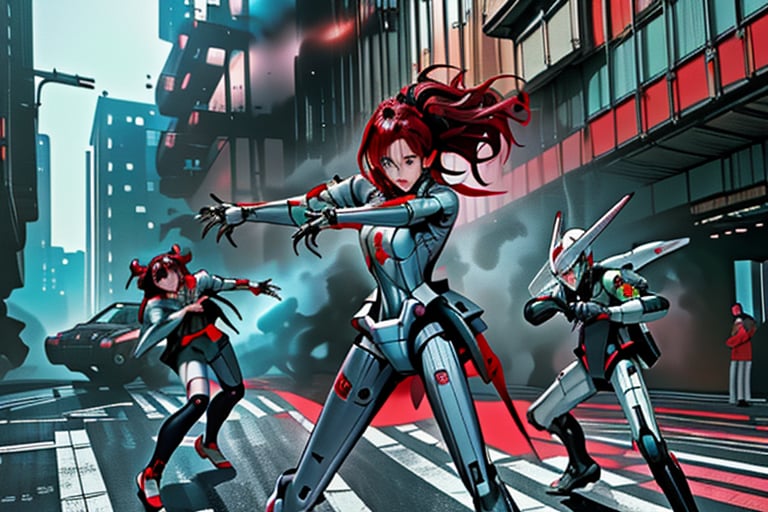 mach robot, 3 girl fighting in a city,BTR-80,Mecha,mecha,yofukashi background