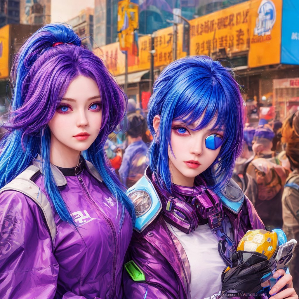 8k portrait,sole_female,purple hair,purple make up,blue_eyes,shades,cyberpunk,blue hair,long hair,augmented_body,mountains,colouration,detailed eyes,highly detailed.