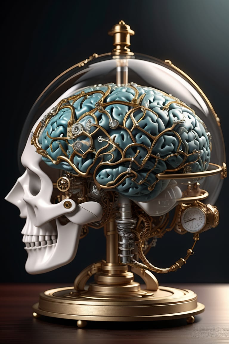 3D render of a sci-fi baroque concept design of anatomically correct brain device with terrarium,  steampunk,  intricate d...