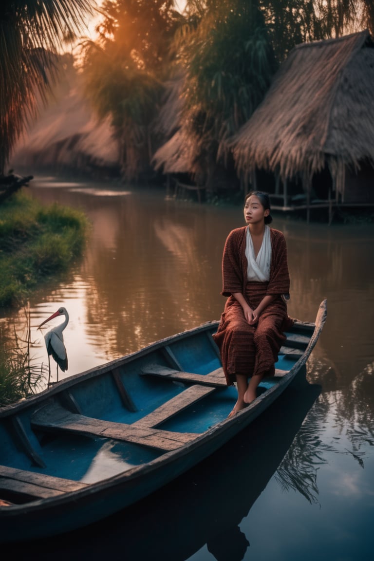 1girl standing on a small boat on the blue river,  storks parked along the river banks,  asian girl by SDG on Tensor.Art
