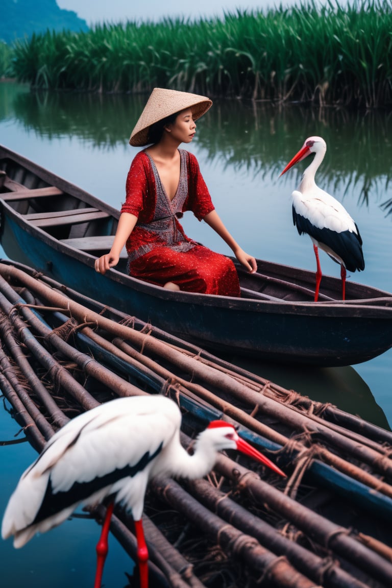 1girl standing on a small boat on the blue river,  storks parked along the river banks,  asian girl by SDG on Tensor.Art