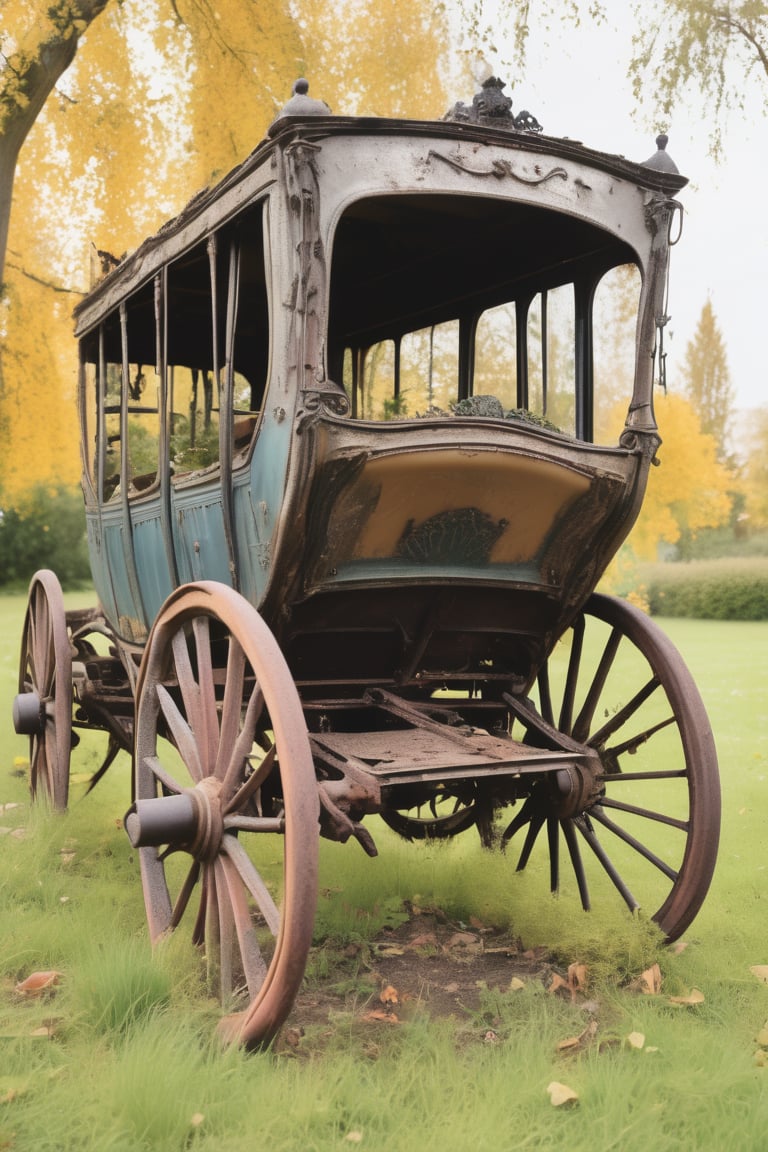 abandoned garden,  rotting carriage on yellowed lawn,  best quality by SDG on Tensor.Art