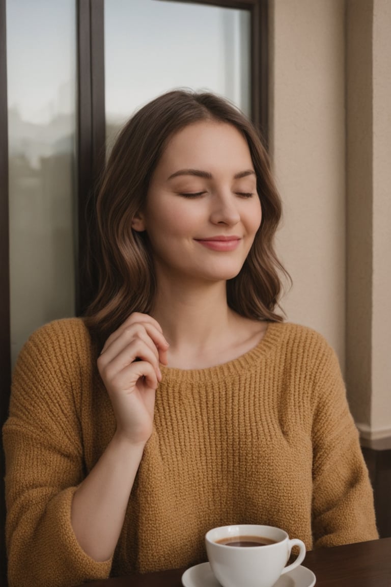 A serene morning moment unfolds: a woman's tranquil face fills the frame, eyes closed in bliss as she savors coffee by a grand window. Soft, wavy hair cascades down her shoulders, framing her gentle features. The oversized sweater envelops her torso with warmth. Morning light pours in, casting a golden glow on her contented smile, composition guiding the viewer's gaze. Enhance the vivid colors and cinematic lighting to create an ultra-clear visual feast.