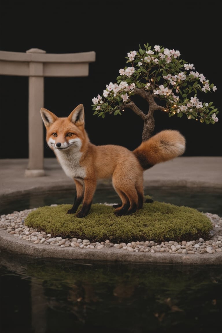 The image showcases an extraordinary being that seems to be a fusion of a fox, a bonsai tree, and a constellation, captured in what appears to be a serene Japanese garden at night.
The creature has the general shape and size of a red fox, with a slender body, pointed ears, and a bushy tail. However, instead of fur, its body is covered in a layer of fine, moss-like growth interspersed with delicate cherry blossom flowers. The moss shifts in color from deep greens to soft blues, creating a living tapestry across its form.
The fox's tail is where the bonsai element truly shines. It fans out into an intricate network of miniature tree branches, complete with tiny leaves and even smaller cherry blossoms. This bonsai tail appears to be in perfect proportion, as if crafted by a master gardener over many years.
Most strikingly, portions of the creature's body seem to be composed of star-like lights connected by faint, glowing lines - like a living constellation. These stellar patterns are most prominent along its back and face, creating the impression that you're looking at a piece of the night sky shaped into a fox form.
The being's eyes are particularly captivating - they appear as swirling galaxies, deep and mesmerizing, suggesting both ancient wisdom and cosmic playfulness.
As the creature moves, small firefly-like lights drift off its body, leaving brief, glowing trails in the air before fading away. This gives the impression of stars gently falling around it with each step.
The setting is a traditional Japanese garden at night. A stone lantern casts soft light nearby, illuminating a small koi pond and a carefully raked gravel path. Bamboo sways gently in the background, and a torii gate is just visible in the distance.
Despite the fantastical nature of this hybrid creature, the photograph appears incredibly lifelike. Every detail is rendered with photorealistic precision - from the texture of the moss and the delicate structure of the bonsai branches to the subtle glow of the constellation patterns and the reflection of starlight on the pond's surface.
The creature is captured mid-step, one paw raised as it walks along the edge of the koi pond. Its posture is alert yet serene, its galaxy eyes focused on something just out of frame, creating a sense of mystery and magic in this beautifully composed nocturnal scene.