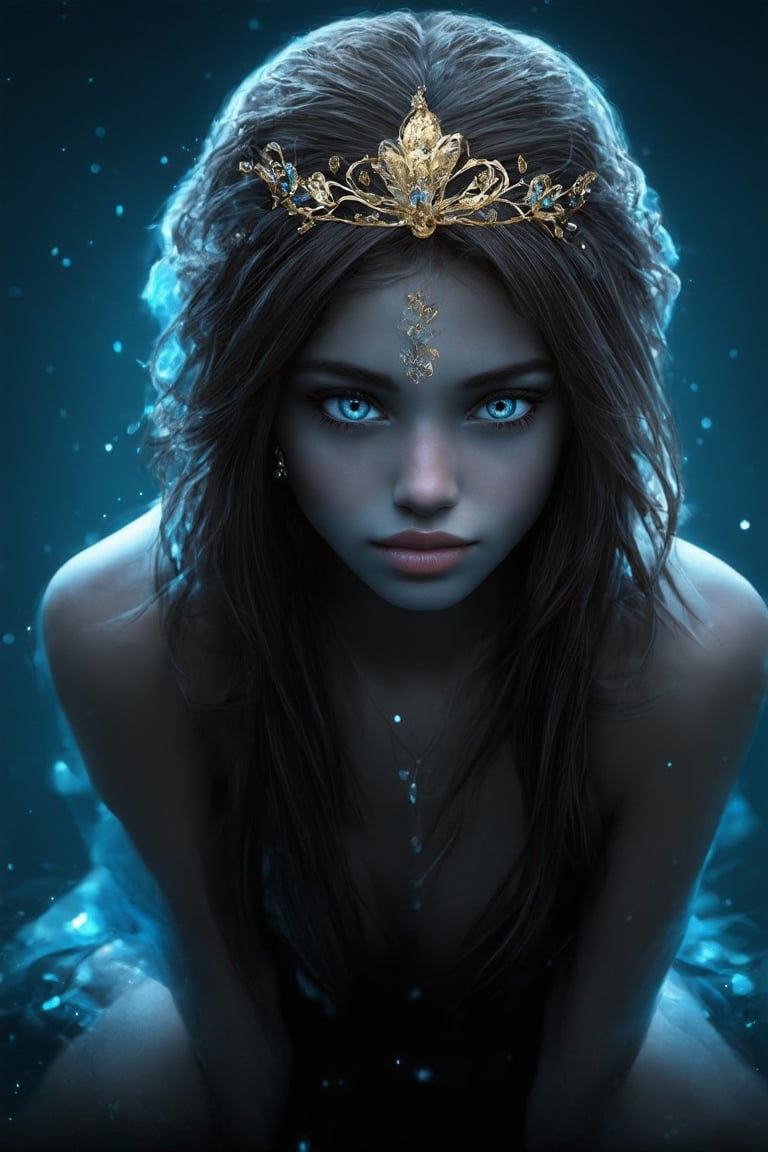 A mesmerizing portrait of a single girl with striking features. She sits proudly, her long, dark locks cascading down her back like a waterfall of night. Her piercing blue eyes lock onto the viewer's gaze, as if sharing a secret. A delicate hair ornament adorns her crown, drawing attention to her radiant lips and pert nose. Her glowing complexion is a warm, golden brown, accented by a subtle blue undertone that complements her mystical aura. The overall mood is one of ethereal serenity, set against a serene blue background that seems to emanate from the very essence of her being.