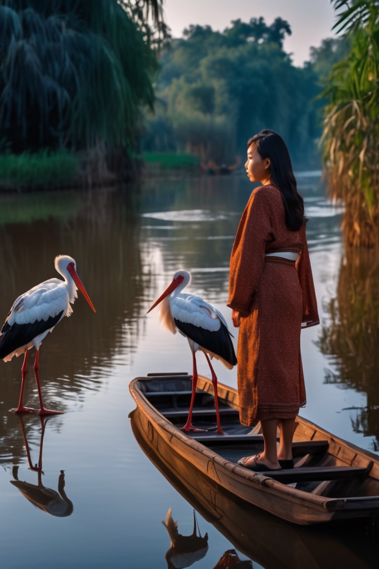 1girl standing on a small boat on the blue river,  storks parked along the river banks,  asian girl by SDG on Tensor.Art