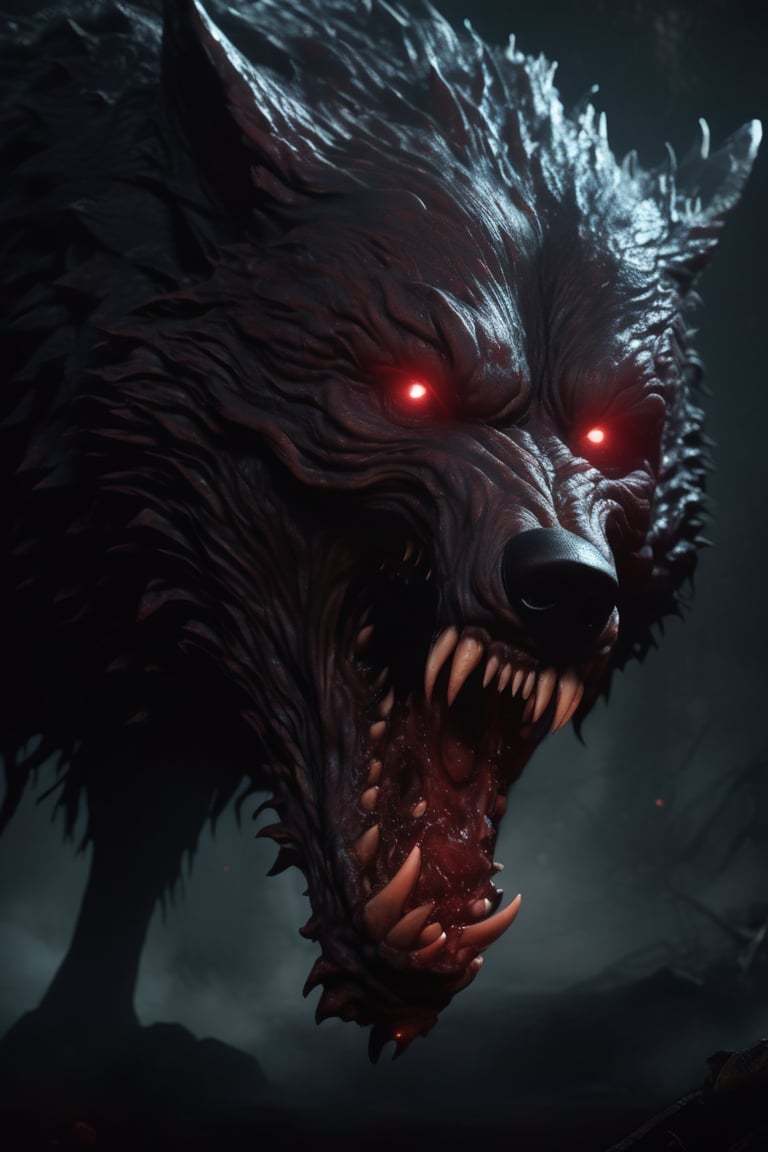 Big bad wolf died the ether of rage. twisted lovecraftian horror. concept art. artstation. digital render. hd. 4 k. bad wo...