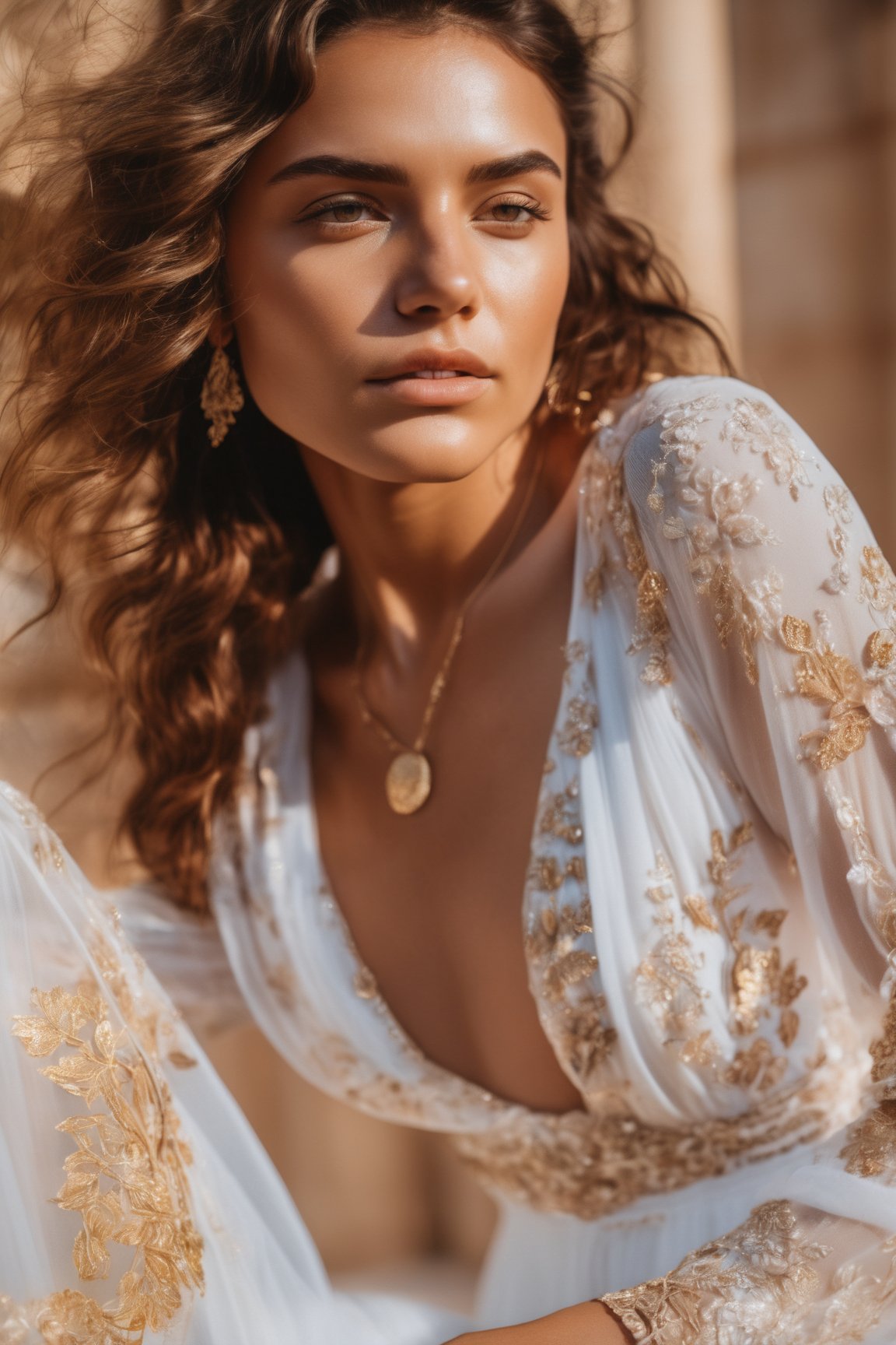 close-up photo of beautiful woman wearing white see-through gown with golden details,  25yo,  half body by SDG on Tensor.Art