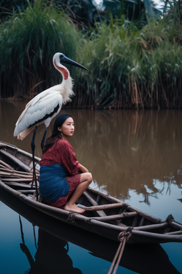 1girl standing on a small boat on the blue river,  storks parked along the river banks,  asian girl by SDG on Tensor.Art