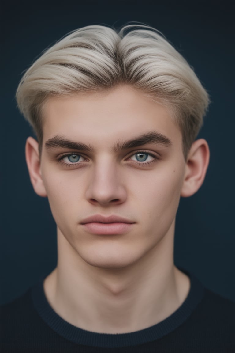 In a dramatic close-up shot, Pavel's piercing blue eyes lock onto the viewer, his gaze intense as he channels his inner ice magic. His long, white hair flows like a river of snow down his back, adorned with a delicate hair ornament that sparkles like frost. His upper body is the focal point, the rest of him blurred out to emphasize his striking features. The overall aesthetic is one of icy elegance and mystique, exuding an aura of cute boy charm.