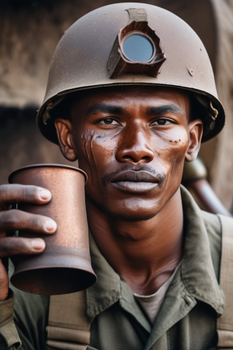 portrait soldier wearing rusty helmet hold iron water cup,  detail skin,  pore by SDG on Tensor.Art