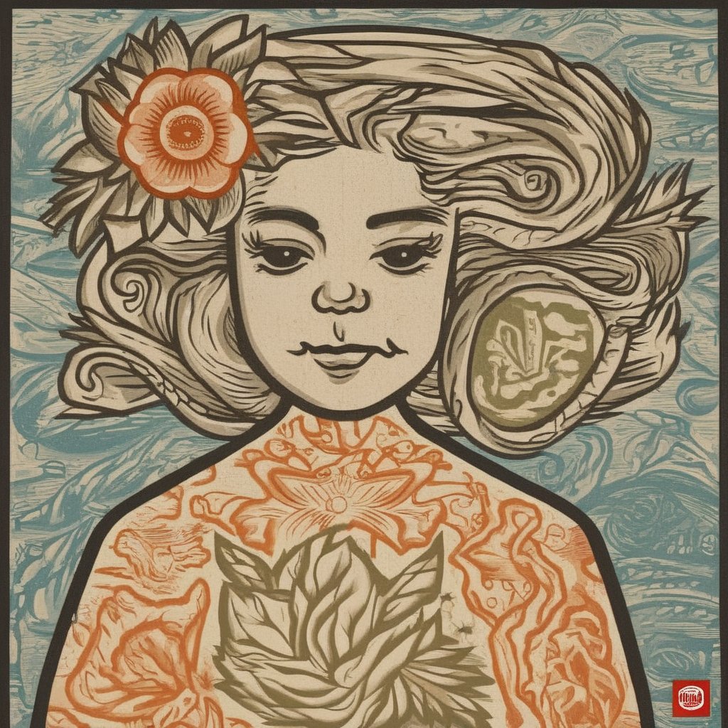 a woman with a flower in her hair , Bookbinder,  Dave_Quiggle_Style