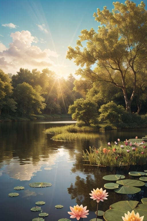 (extremely detailed CG unity 8k wallpaper),(((masterpiece))), (((best quality))), ((ultra-detailed)), (best illustration),(best shadow), ((an extremely delicate and beautiful)),dynamic angle, close-up of a small house by the lake, beautiful sunny summer day, water lilies in the lake blooming, lush plants, sunlight shining through the white clouds, bold colors, fairy tale, fantasy,wind,classic, (detailed light),feather, nature, (sunlight),beautiful and delicate water,(painting),(sketch),(bloom),(shine), high resolution, high contrast ratio, high detail, high texture, texture surreal high quality figure, ultra high quality, golden ratio