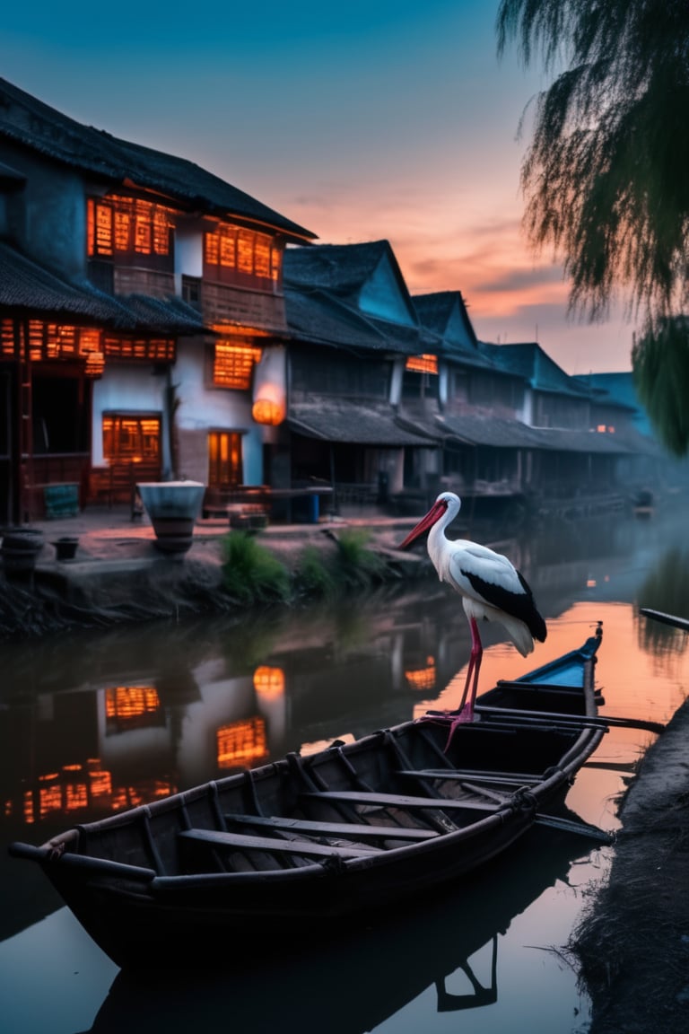 1girl standing on a small boat on the blue river,  storks parked along the river banks,  asian girl by SDG on Tensor.Art