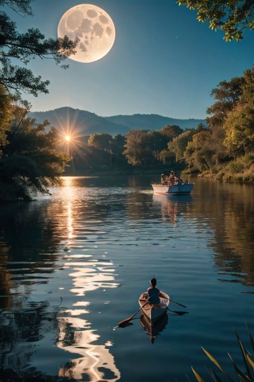 (Best Quality, 8k, 32k, Masterpiece, UHD:1.3), the night, Two rabbits boating on the lake, The background is a bright and bright moon, Blind box, wind, Beautiful, high qulity, cinematic colorgrade, Traditional Chinese elements, National Day Mid-Autumn Festival poster, Blue lake, The breeze ruffled the lake, Ripples spread out