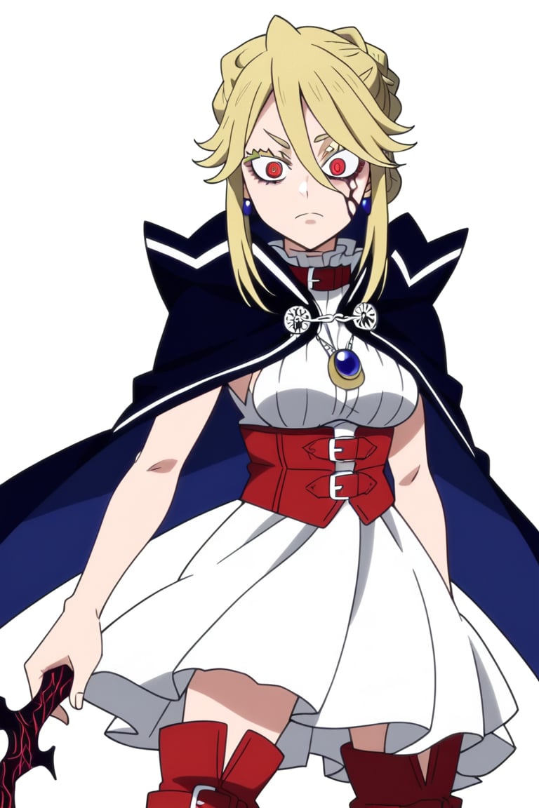 score_9, score_8_up, score_7, source_anime, anime screencap, BREAK,
1girl, Karna Freese, , blue cape, red choker, white dress, red boots, single bun, solo, 

, Corrupted version, blonde hair, red eyes,

, Cowboy shot, 

, ((white background, blank background)):1.3, Corrupted version