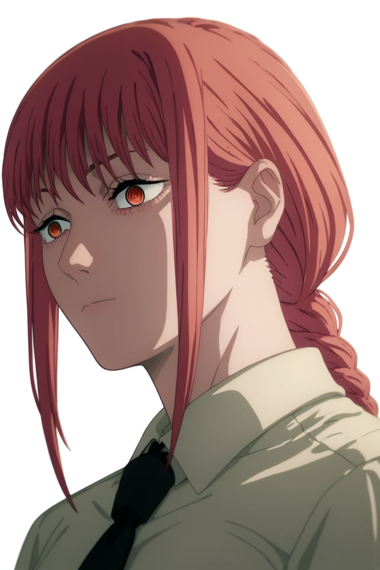 score_9, score_8_up, score_7_up, score_6_up, score_5_up, score_4_up, BREAK, source_anime,makima_v1, 1girl, red hair, ringed eyes, braided ponytail, solo, black necktie, shirt, collared shirt,black_pants,

, close-up view,




,(( white background, blank background)),chainsaw_man_style