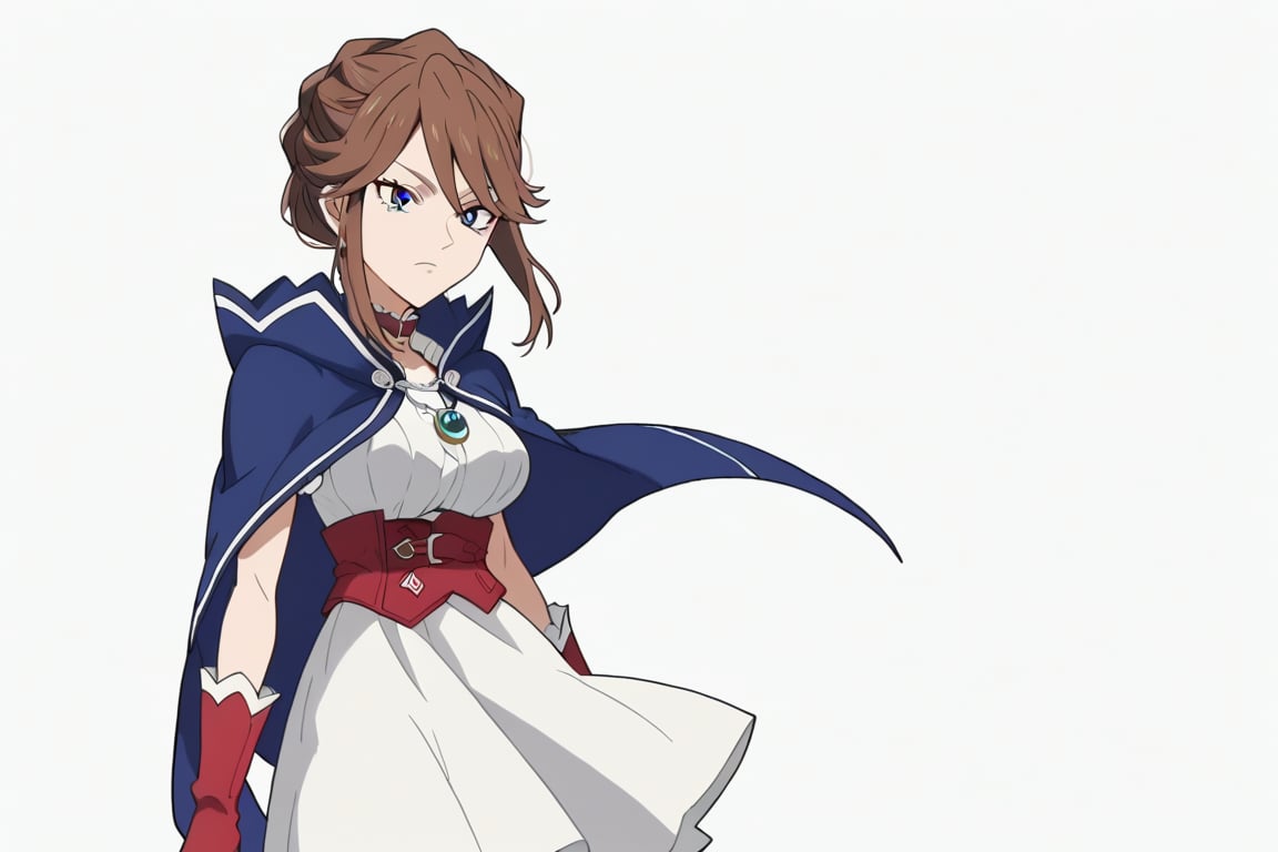 score_9, score_8_up, score_7, source_anime, anime screencap, BREAK,
1girl, Karna Freese, brown hair, blue eyes, blue cape, red choker, white dress, red boots, 

, Cowboy shot, 

, ((white background, blank background)):1.3,