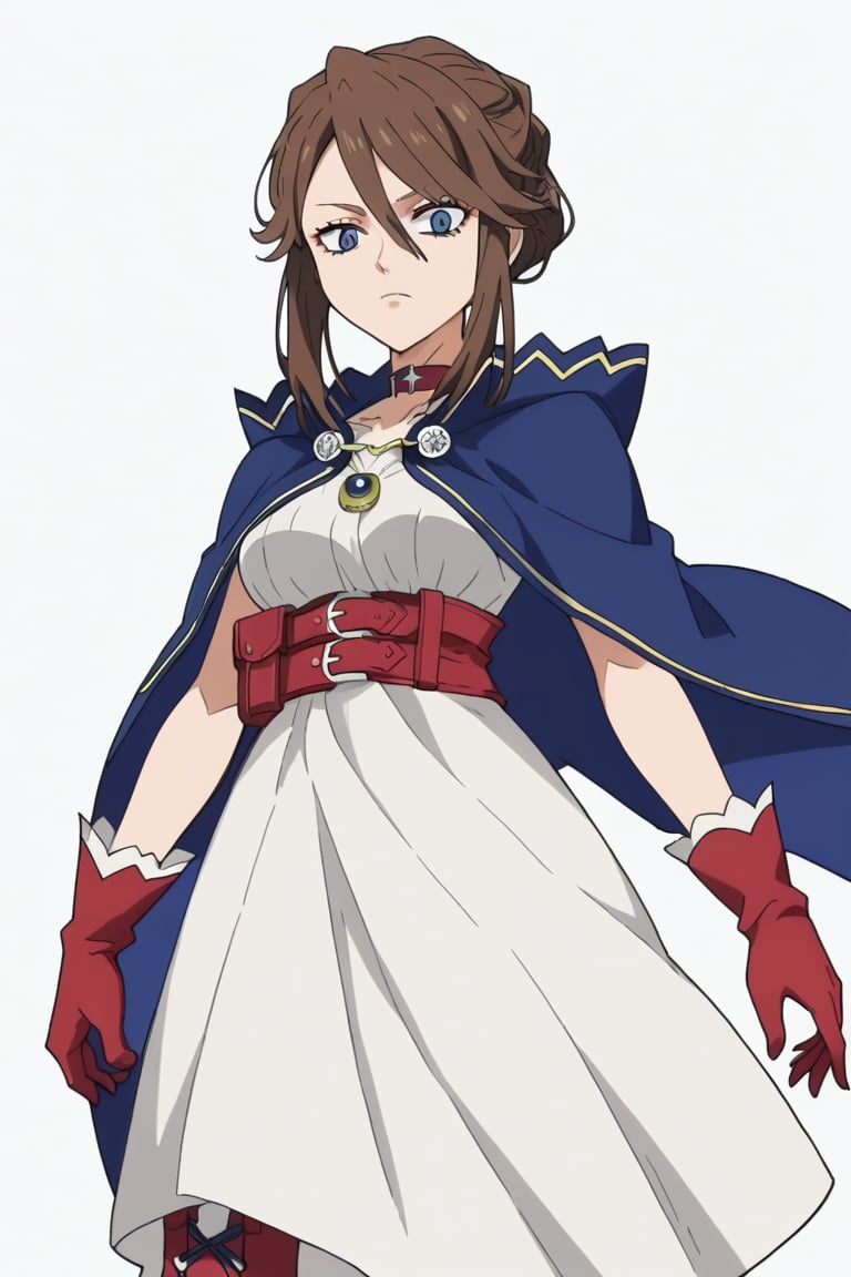 score_9, score_8_up, score_7, source_anime, anime screencap, BREAK,
1girl, Karna Freese, brown hair, blue eyes, blue cape, red choker, white dress, red boots, 

, Cowboy shot, 

, ((white background, blank background)):1.3,