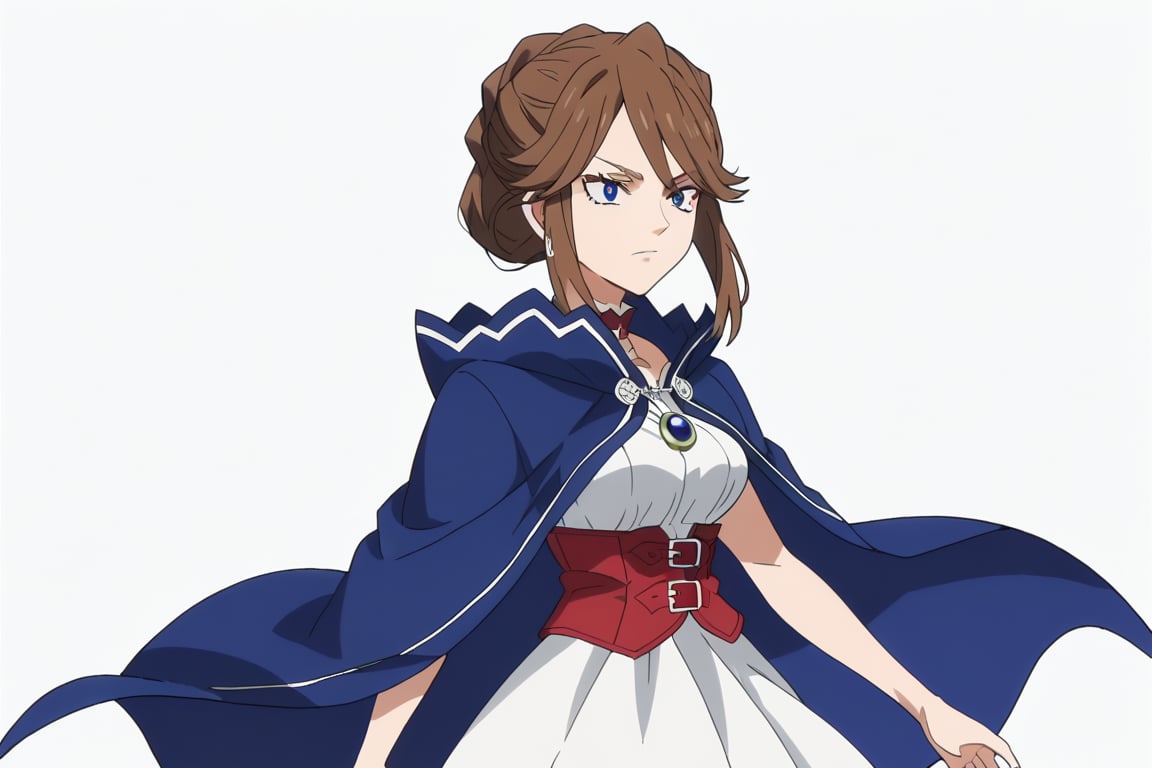 score_9, score_8_up, score_7, source_anime, anime screencap, BREAK,
1girl, Karna Freese, brown hair, blue eyes, blue cape, red choker, white dress, red boots, 

, Cowboy shot, 

, ((white background, blank background)):1.3,