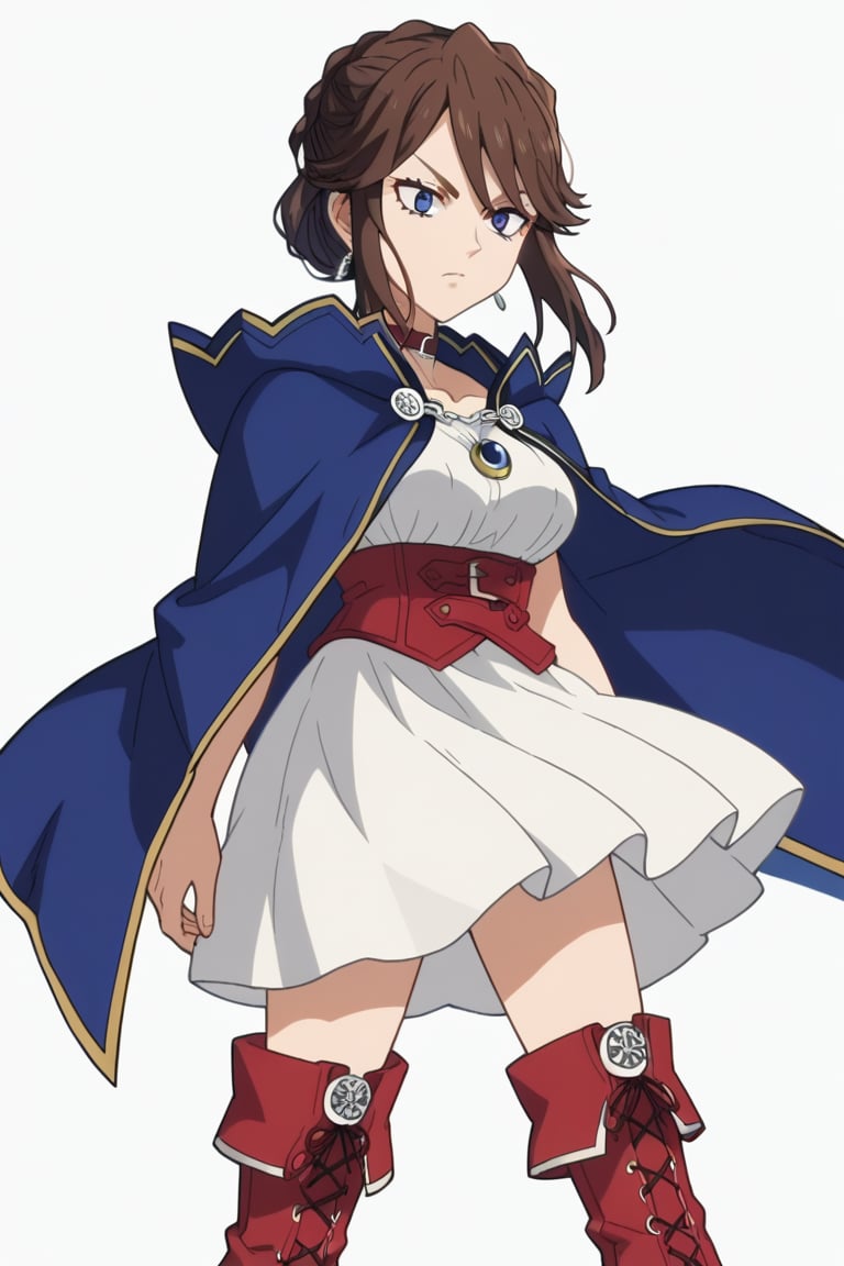 score_9, score_8_up, score_7, source_anime, anime screencap, BREAK,
1girl, Karna Freese, brown hair, blue eyes, blue cape, red choker, white dress, red boots, 

, Cowboy shot, 

, ((white background, blank background)):1.3,