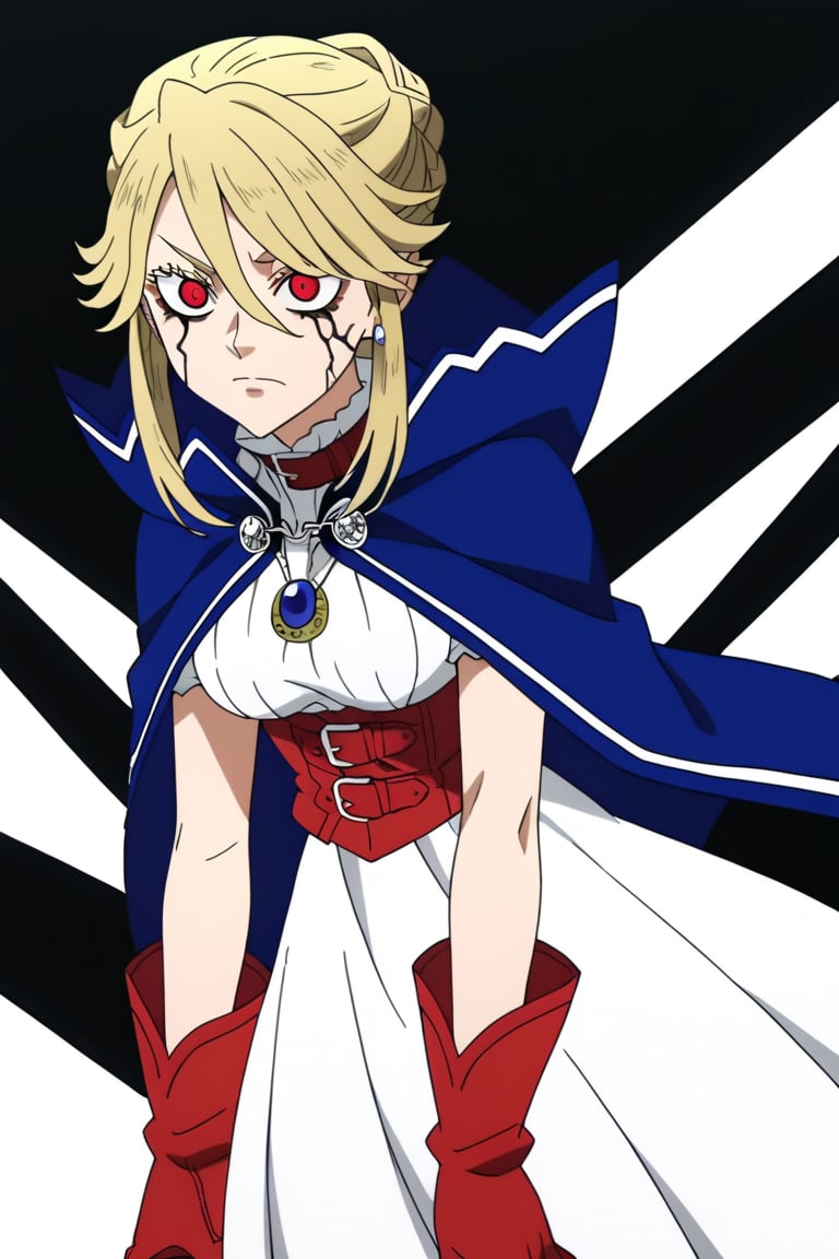 score_9, score_8_up, score_7, source_anime, anime screencap, BREAK,
1girl, Karna Freese, , blue cape, red choker, white dress, red boots, single bun, solo, 

, Corrupted version, blonde hair, red eyes,

, Cowboy shot, 

, ((white background, blank background)):1.3, Corrupted version