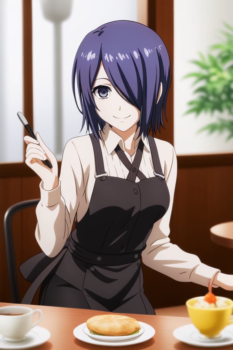 , slimes_touka, woman, solo, black skirt, hair over one eye, smile, cafe background