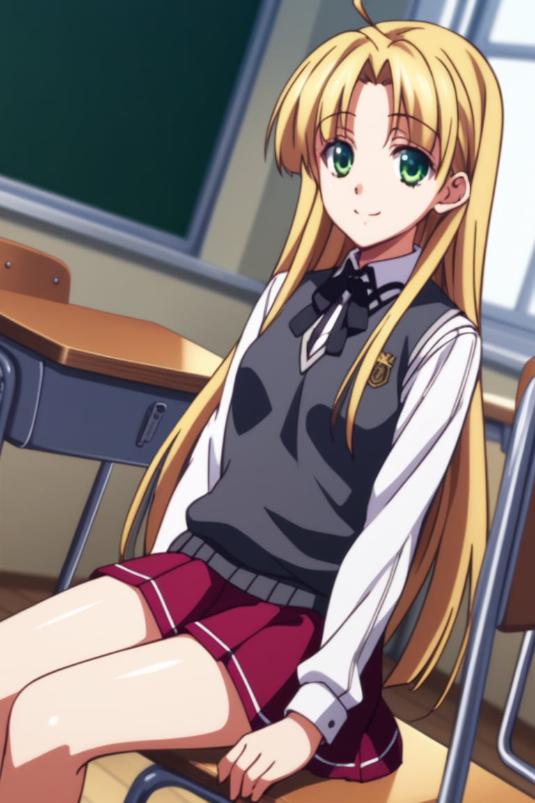 score_9, score_8_up, score_7_up, source_anime,asiaargento, ,asia argento, long hair, blonde hair, green eyes, parted bangs, ahoge, smile,skirt, shirt, long sleeves, ribbon, school uniform, pleated skirt, vest, red skirt, sweater vest,indoors, classroom, sitting, desk, chair,looking at viewer, dutch angle, cowboy shot,