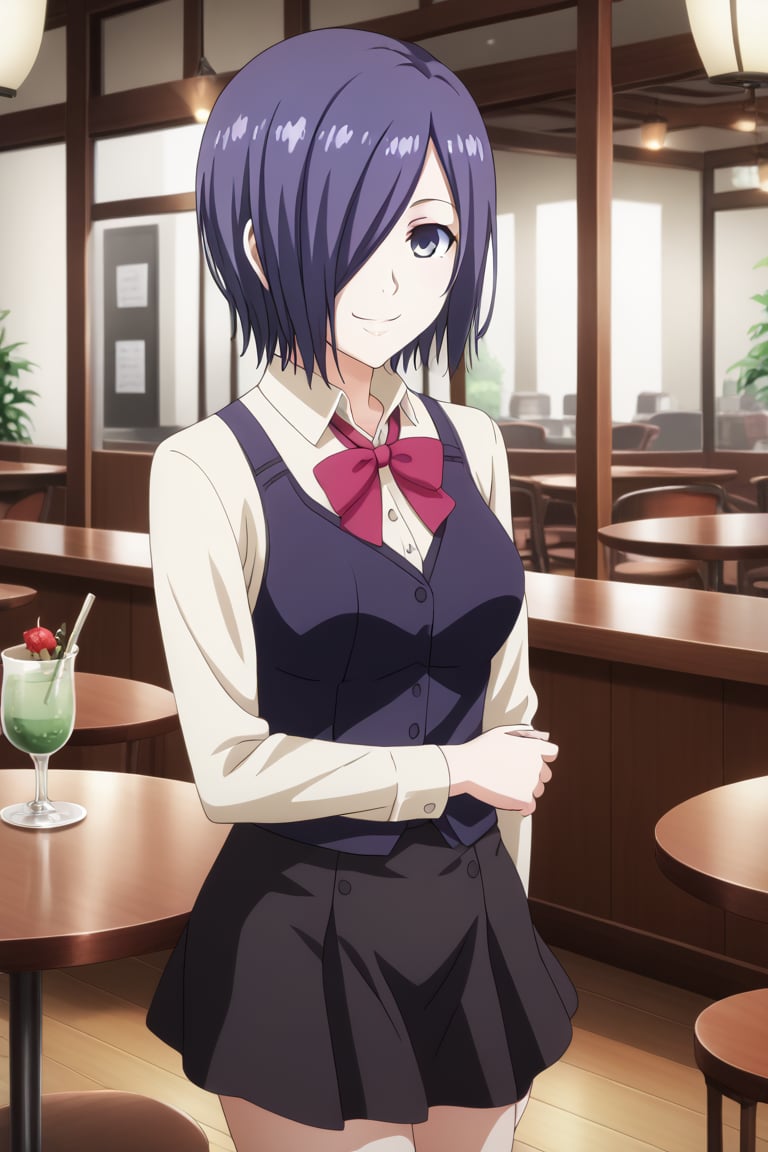 , slimes_touka, woman, solo, black skirt, hair over one eye, smile, cafe background