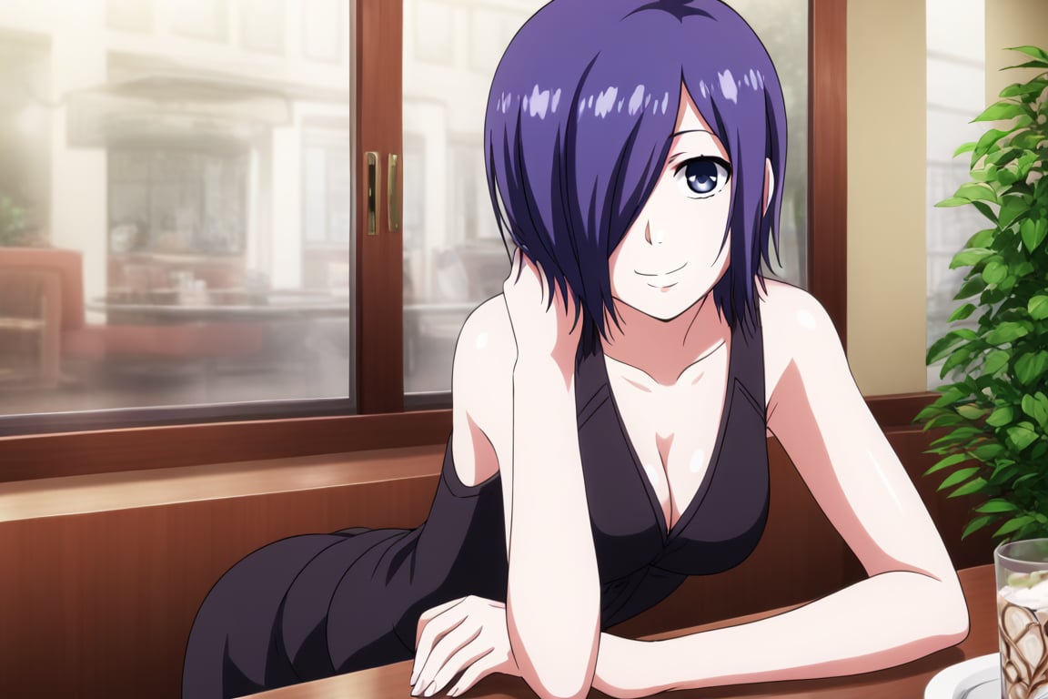 , slimes_touka, woman, solo, black skirt, hair over one eye, smile, cafe background