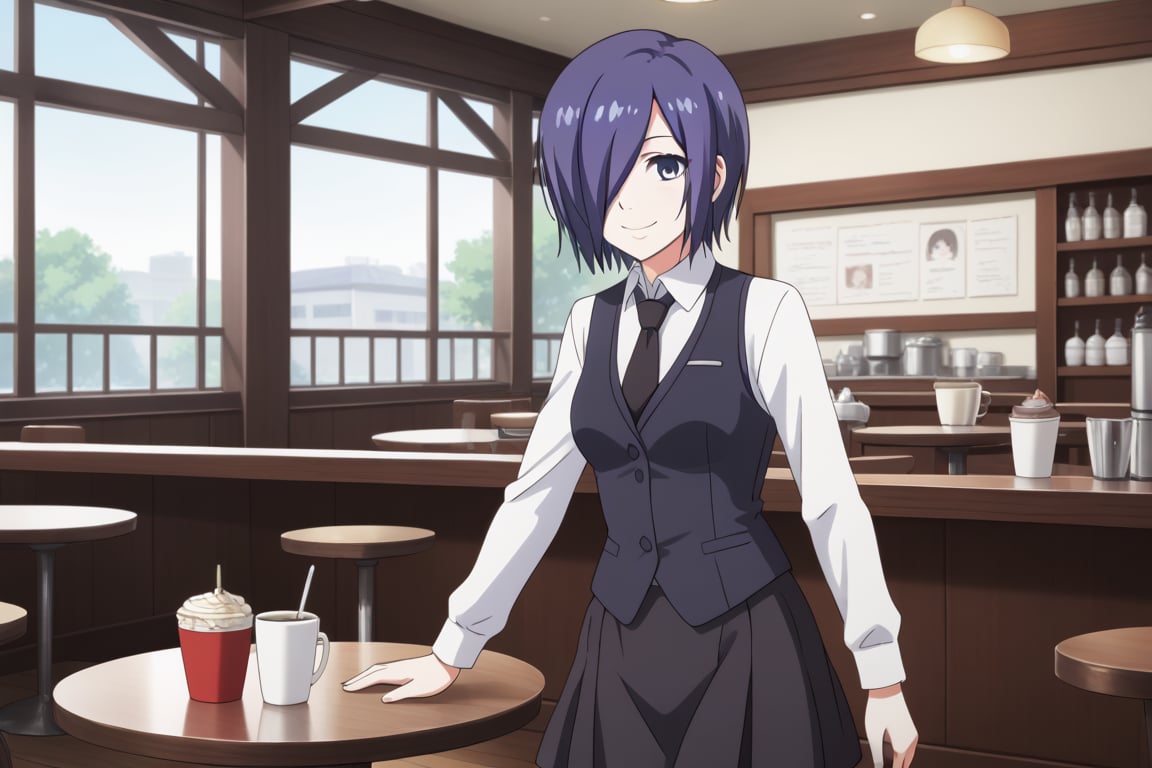 , slimes_touka, woman, black skirt, hair over one eye, smile, cafe background,1girl, solo, short hair, blue eyes, skirt, shirt, blue hair,  white shirt, pantyhose, necktie, collared shirt, indoors, hair over one eye, vest, black pantyhose, black necktie, black vest,  kirishima touka