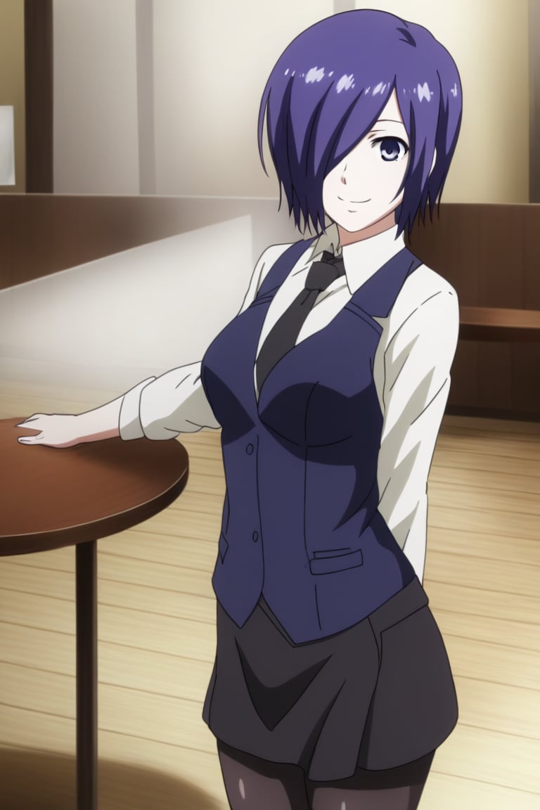 , slimes_touka, woman, black skirt, hair over one eye, smile, cafe background,1girl, solo, short hair, blue eyes, skirt, shirt, blue hair,  white shirt, pantyhose, necktie, collared shirt, indoors, hair over one eye, vest, black pantyhose, black necktie, black vest,  kirishima touka