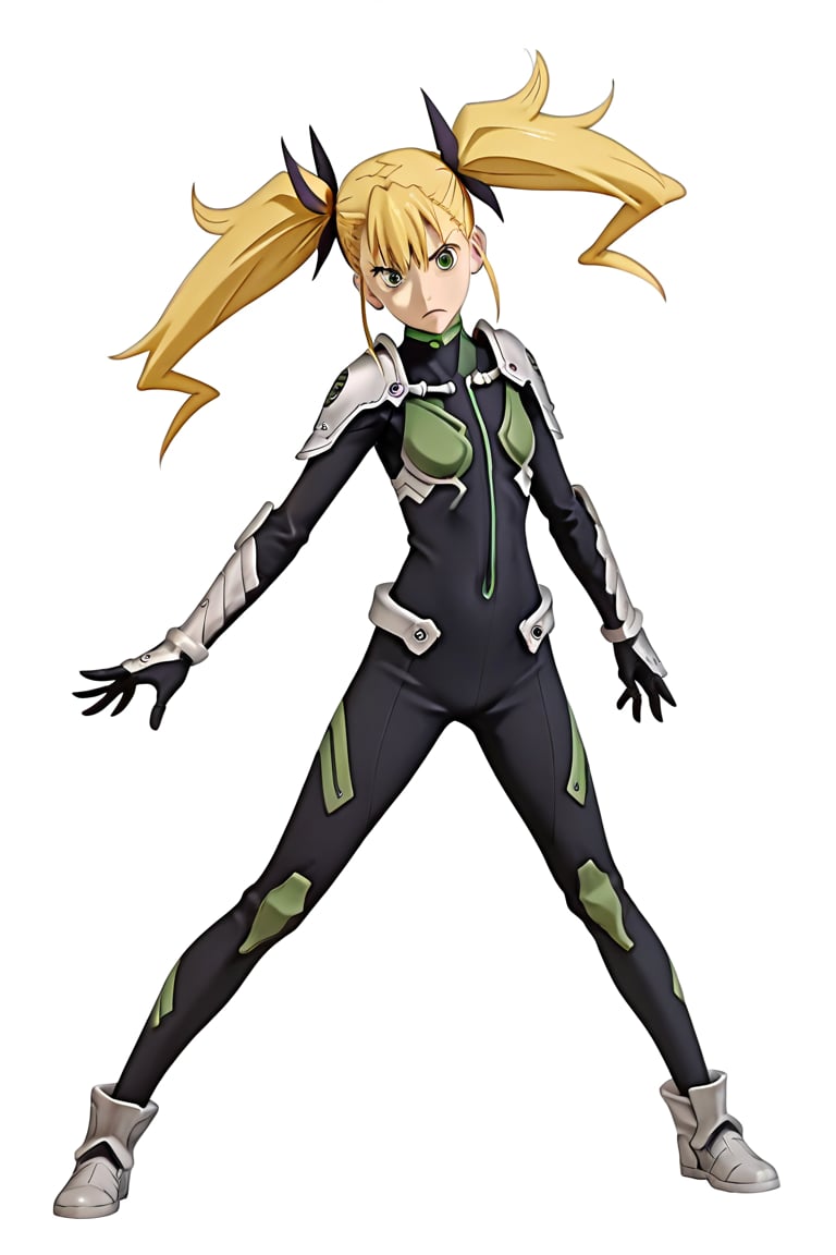 , score_9, score_8_up, score_7_up, score_6_up, score_5_up, score_4_up, source_anime, masterpiece , anime screencap, absurdres, 

, 


KikoruShinomiya, 1girl, blonde hair, twintails, green eyes
black bodysuit, shoulder armor, gauntlets, boots
mask around neck


, naked, nude, 

,(( white background, blank background,)),
