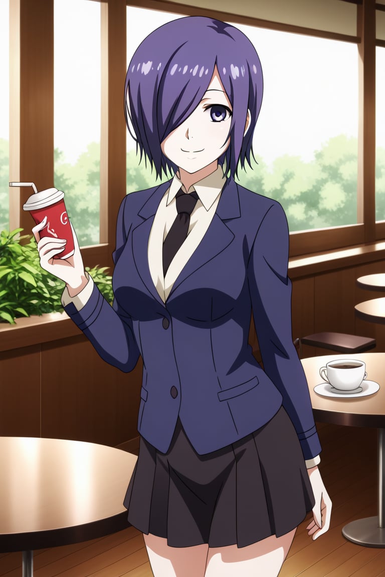 , slimes_touka, woman, solo, black skirt, hair over one eye, smile, cafe background